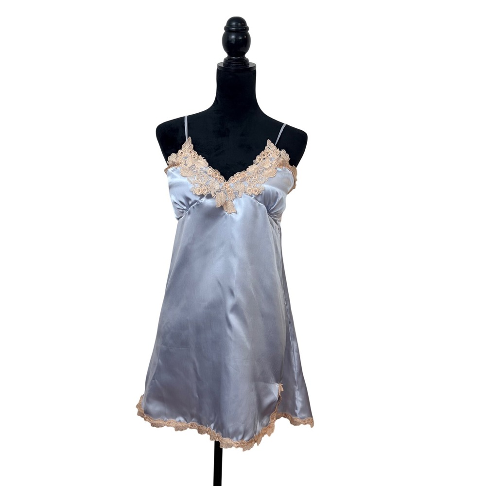 Pastel Blue Satin Lace Chemise Nightgown Cream Floral Embroidery Ethereal Dress